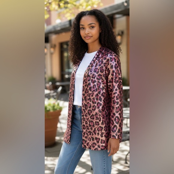 dennis basso Jackets & Blazers - Dennis Basso Printed Sequin Fully Lined Cardigan Wine, Large
A462194